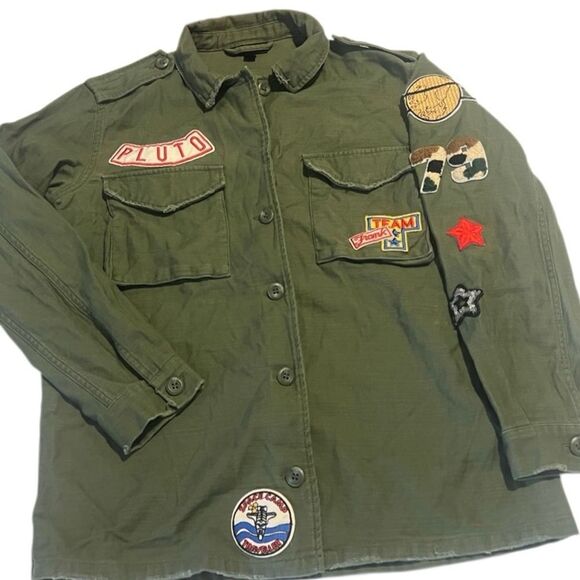 Topshop Olive Green Cotton Patches Button Front Military Jacket Size 4 - Picture 2 of 14